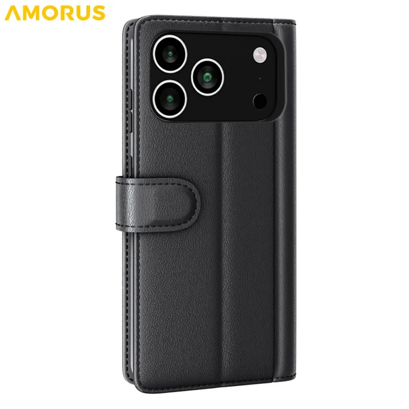 AMORUS For iPhone 18 Pro / 17 Pro Stand Cases Calf Texture Genuine Split Leather Wallet Phone Cover - Black