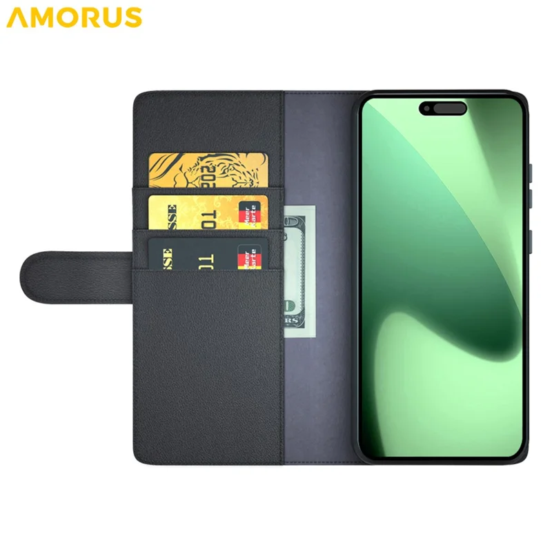 AMORUS For iPhone 18 Pro Max / 17 Pro Max Stand Cases Calf Texture Genuine Split Leather Wallet Phone Cover - Black
