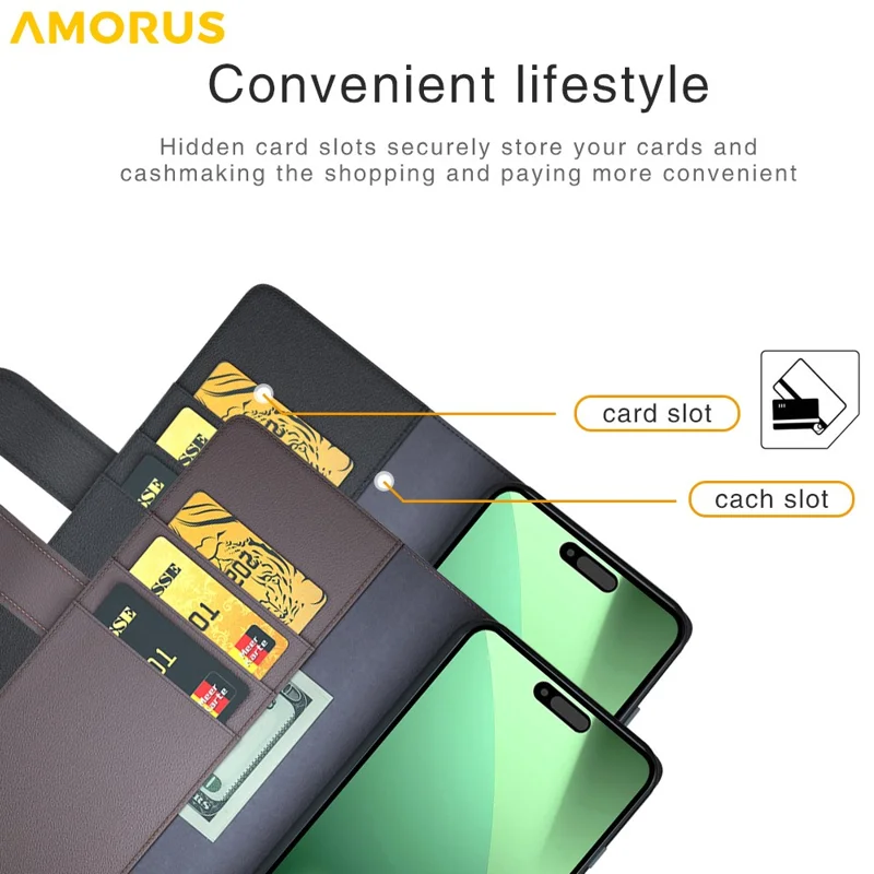 AMORUS For iPhone 18 Pro Max / 17 Pro Max Stand Cases Calf Texture Genuine Split Leather Wallet Phone Cover - Black