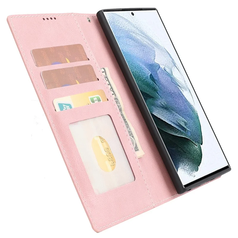 Für Samsung Galaxy S23 Ultra Full Protection Phone Case Faltbarer Ständer Magnetverschluss Anti-Drop-Flip-Wallet-Abdeckung mit Riemen - Pink