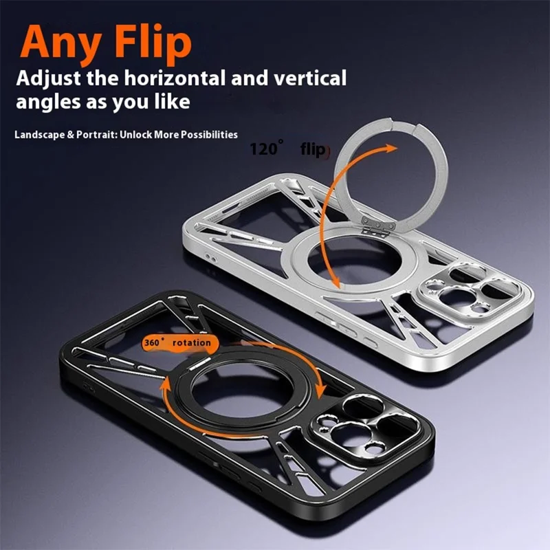 Funda para iPhone 17 Pro Max Magnética con Soporte Plegable Disipación de Calor Hueca Silicona + PC + Parachoques de Metal - Negro