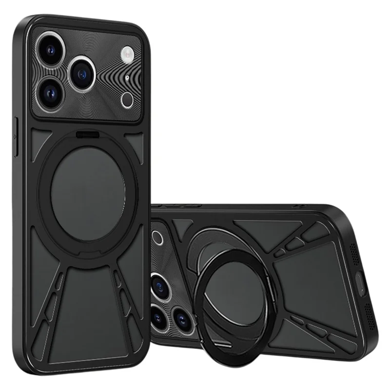 Funda para iPhone 17 Pro Soporte magnético Disipación de calor hueca Silicona + PC + Parachoques de metal Cubierta del teléfono - Negro