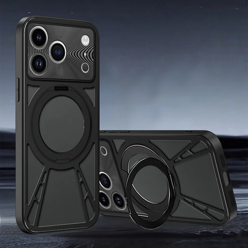 Funda para iPhone 17 Pro Soporte magnético Disipación de calor hueca Silicona + PC + Parachoques de metal Cubierta del teléfono - Negro