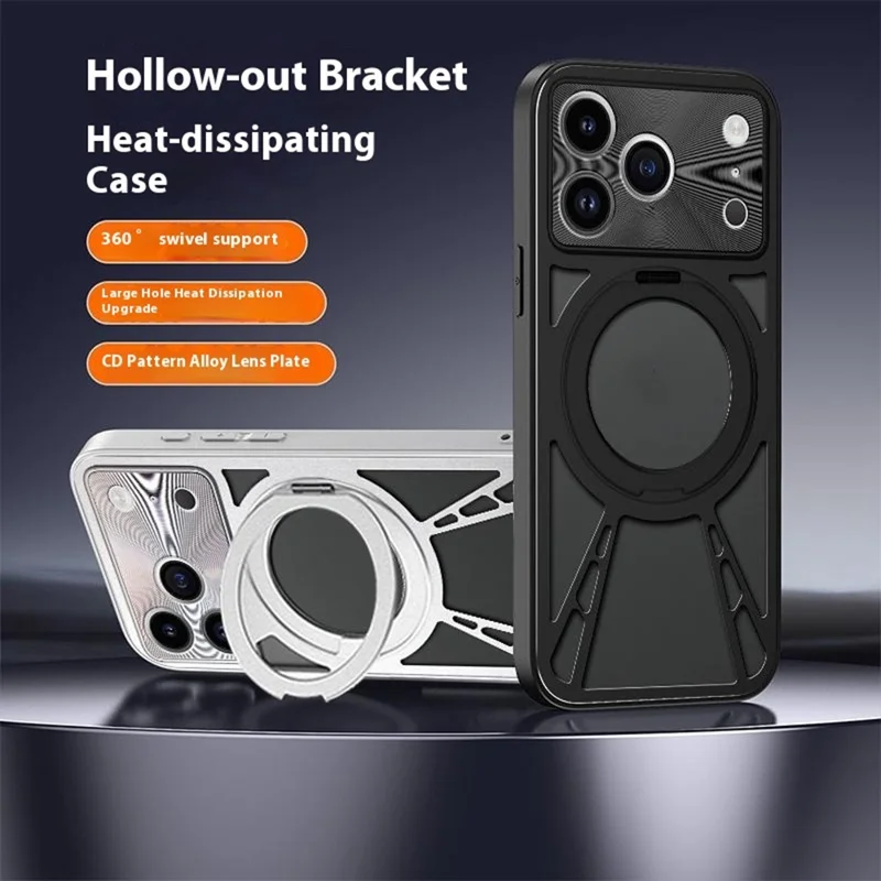 Funda para iPhone 17 Pro Soporte magnético Disipación de calor hueca Silicona + PC + Parachoques de metal Cubierta del teléfono - Negro