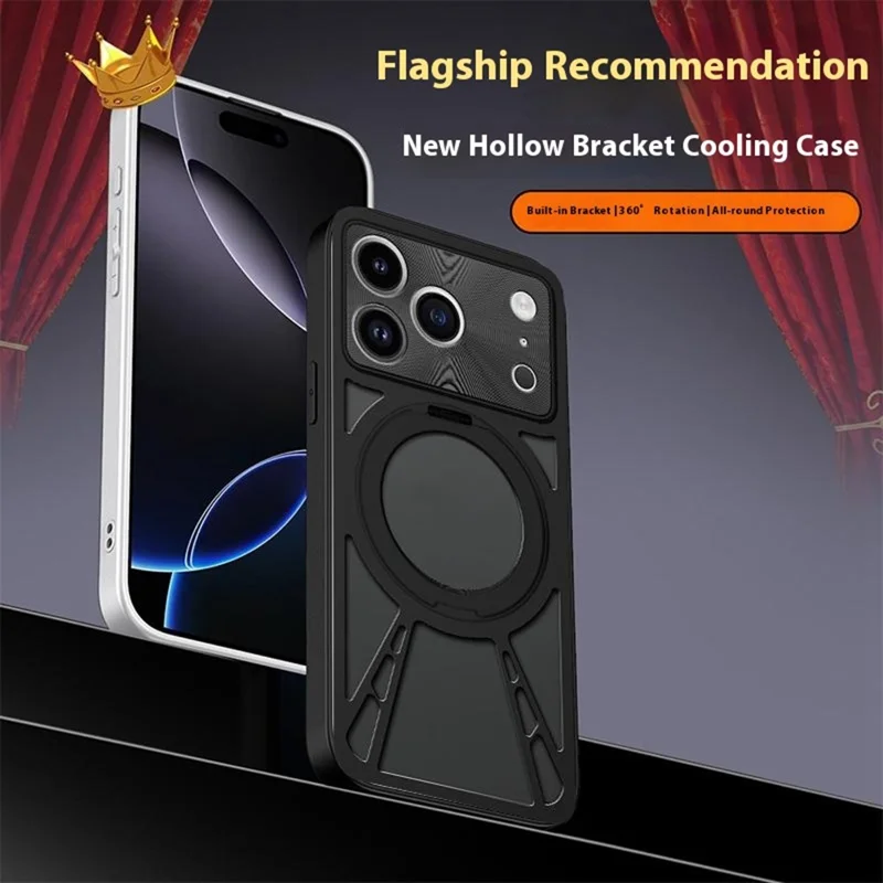 Funda para iPhone 17 Pro Soporte magnético Disipación de calor hueca Silicona + PC + Parachoques de metal Cubierta del teléfono - Negro