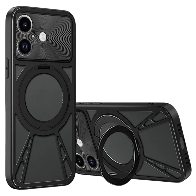 Funda para iPhone 17 Soporte magnético Disipación de calor hueca Silicona + PC + Parachoques de metal Funda para teléfono - Negro