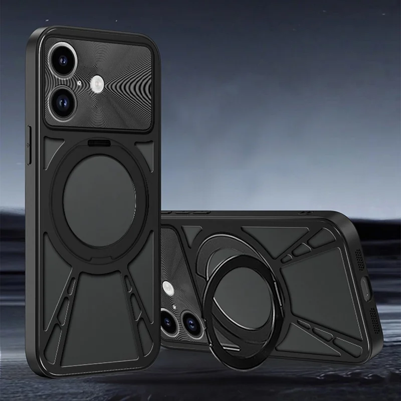 Funda para iPhone 17 Soporte magnético Disipación de calor hueca Silicona + PC + Parachoques de metal Funda para teléfono - Negro