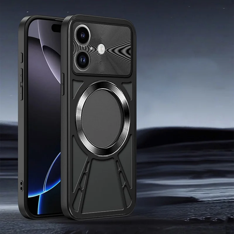 For iPhone 17 Case Magnetic Case Hollow Heat Dissipation PC + Silicone Phone Coverr - Black