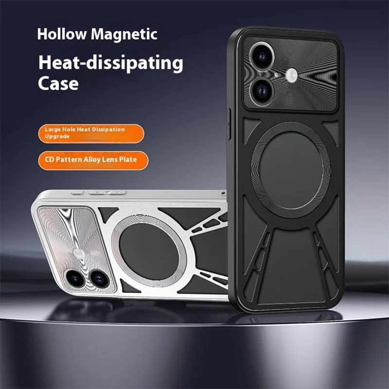 For iPhone 17 Case Magnetic Case Hollow Heat Dissipation PC + Silicone Phone Coverr - Black