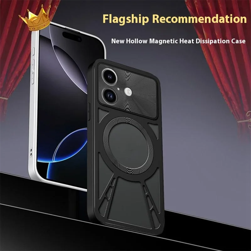 For iPhone 17 Case Magnetic Case Hollow Heat Dissipation PC + Silicone Phone Coverr - Black