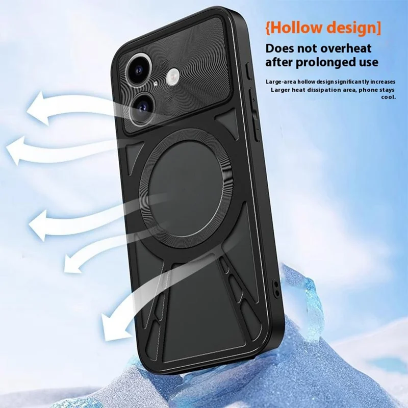 For iPhone 17 Case Magnetic Case Hollow Heat Dissipation PC + Silicone Phone Coverr - Black