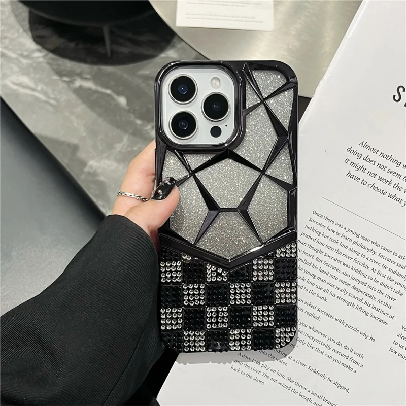 For iPhone 16 Pro Case with Glitter Paper Plate Geometric Diamond Pattern Rhinestone Electroplating TPU Phone Cover - Black