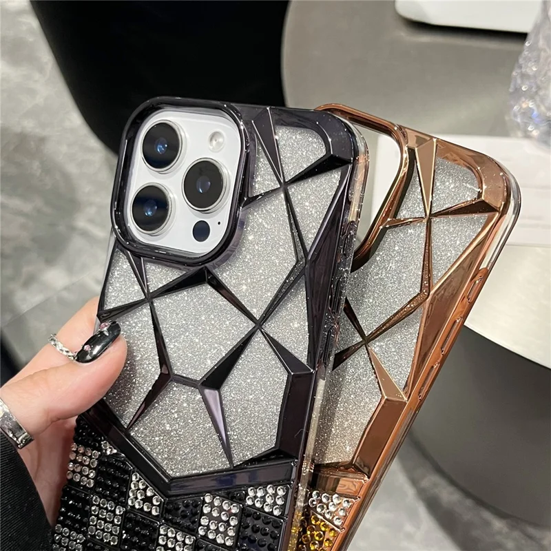 For iPhone 16 Pro Case with Glitter Paper Plate Geometric Diamond Pattern Rhinestone Electroplating TPU Phone Cover - Black