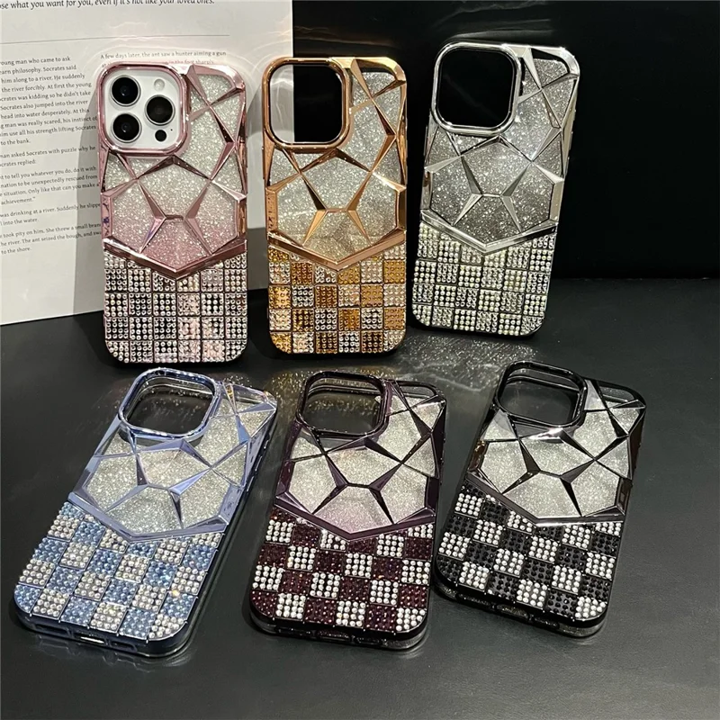 For iPhone 16 Pro Case with Glitter Paper Plate Geometric Diamond Pattern Rhinestone Electroplating TPU Phone Cover - Black
