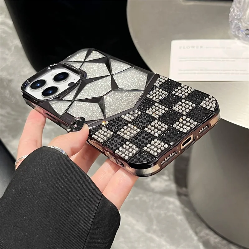For iPhone 16 Pro Max Case with Glitter Paper Plate Geometric Diamond Pattern Rhinestone Electroplating TPU Phone Cover - Black