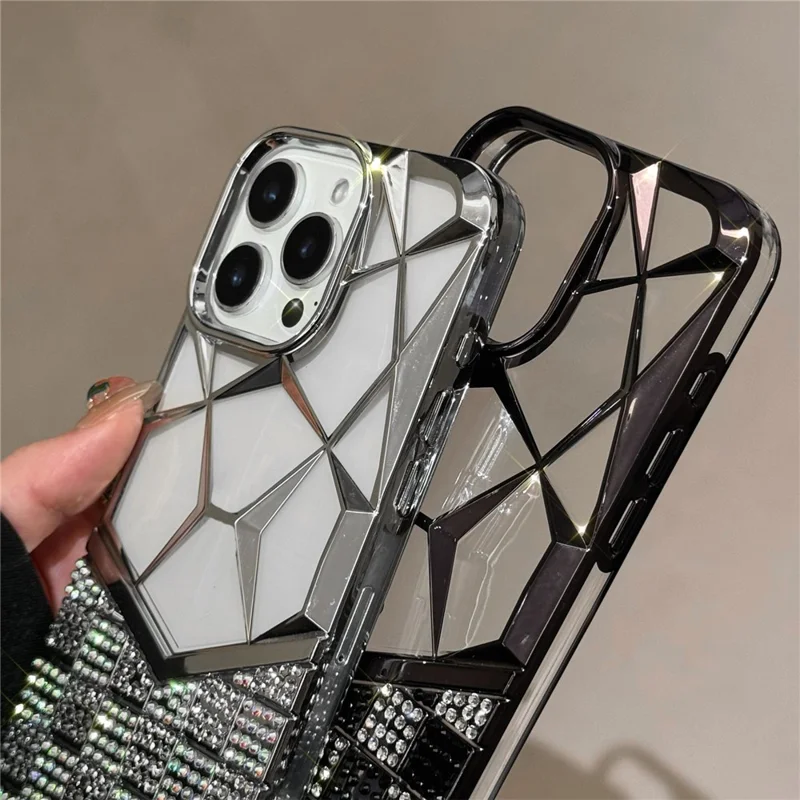 For iPhone 16 Pro Case Geometric Diamond Pattern Rhinestone Decor Electroplating TPU Phone Cover - Black