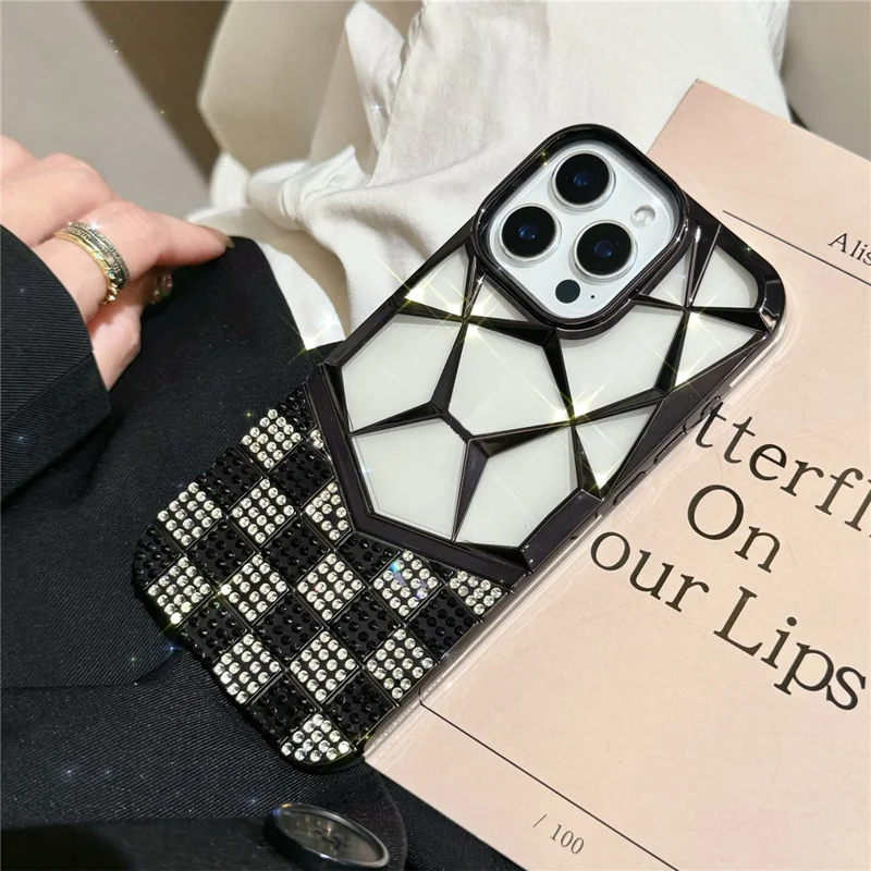 For iPhone 16 Pro Max Case Geometric Diamond Pattern Rhinestone Decor Electroplating TPU Phone Cover - Black