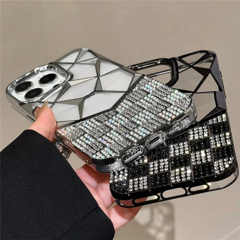 For iPhone 16 Pro Max Case Geometric Diamond Pattern Rhinestone Decor Electroplating TPU Phone Cover - Black