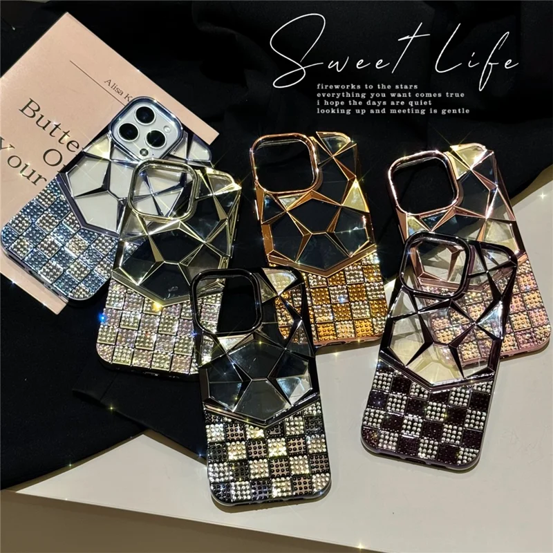 For iPhone 16 Pro Max Case Geometric Diamond Pattern Rhinestone Decor Electroplating TPU Phone Cover - Black