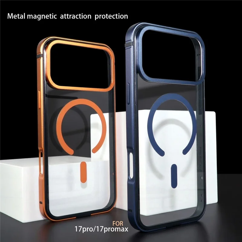 For iPhone 17 Pro Max Case Metal TPU Frame PC Back Clear Phone Cover Compatible with MagSafe - Orange