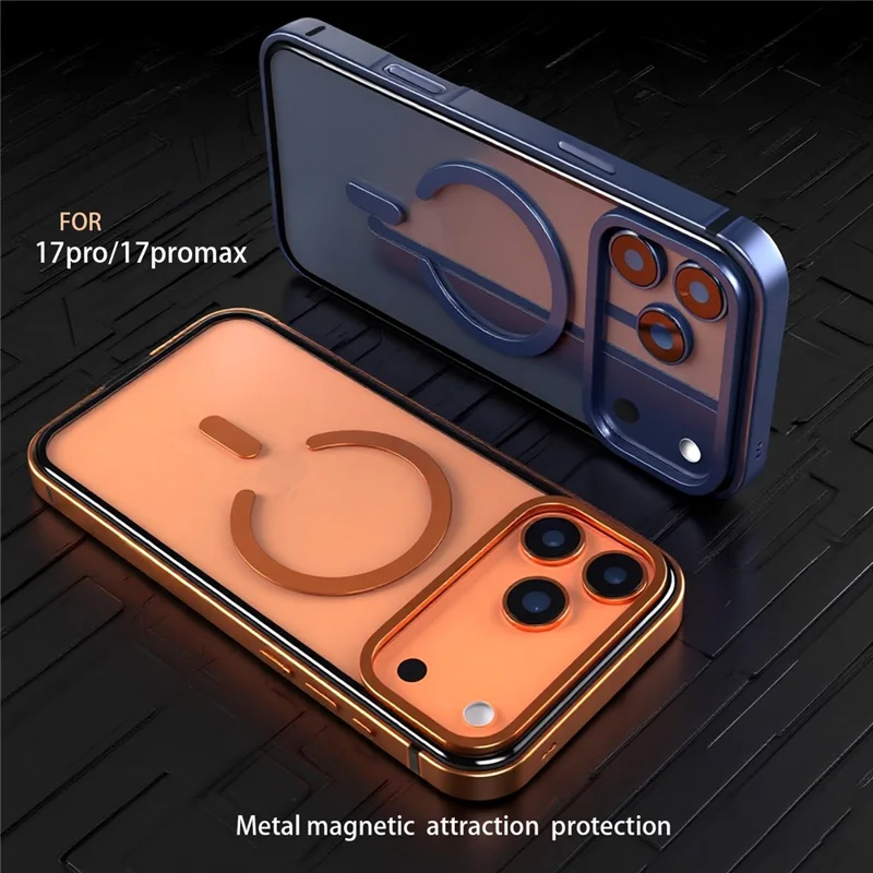 For iPhone 17 Pro Max Case Metal TPU Frame PC Back Clear Phone Cover Compatible with MagSafe - Orange
