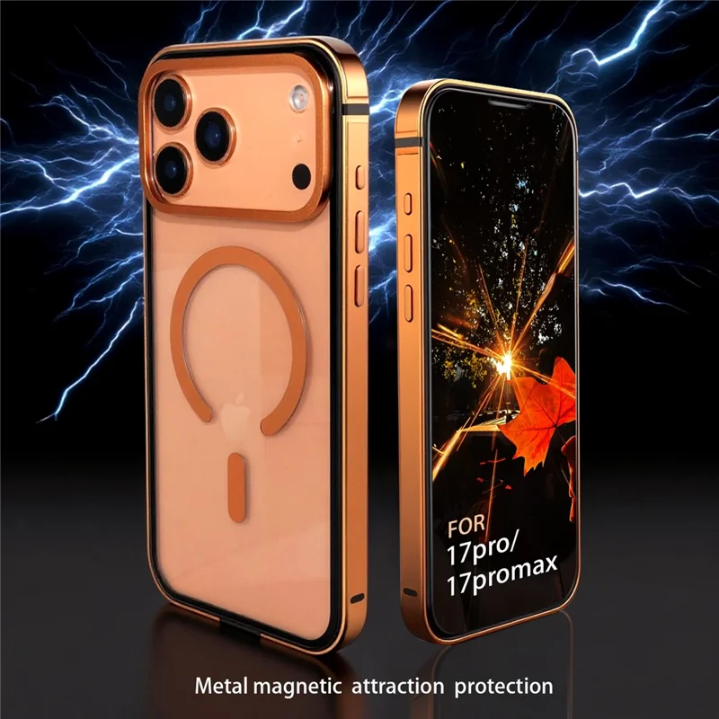 For iPhone 17 Pro Max Case Metal TPU Frame PC Back Clear Phone Cover Compatible with MagSafe - Orange