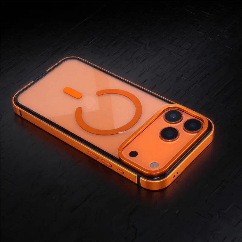 For iPhone 17 Pro Max Case Metal TPU Frame PC Back Clear Phone Cover Compatible with MagSafe - Orange