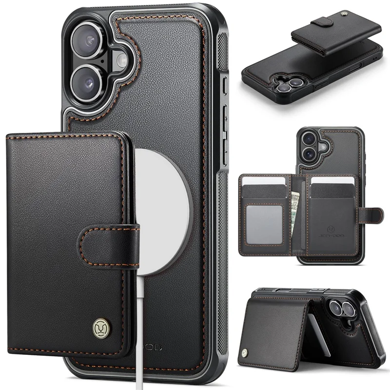 JEEHOOD J09 For iPhone 17 Detachable Case with Card Holder, RFID Blocking Leather Back Cover Compatible with MagSafe - Black