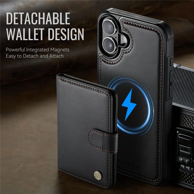 JEEHOOD J09 For iPhone 17 Detachable Case with Card Holder, RFID Blocking Leather Back Cover Compatible with MagSafe - Black