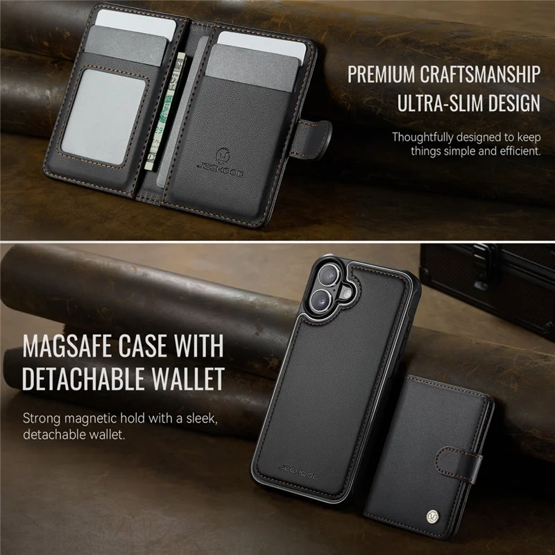 JEEHOOD J09 For iPhone 17 Detachable Case with Card Holder, RFID Blocking Leather Back Cover Compatible with MagSafe - Black