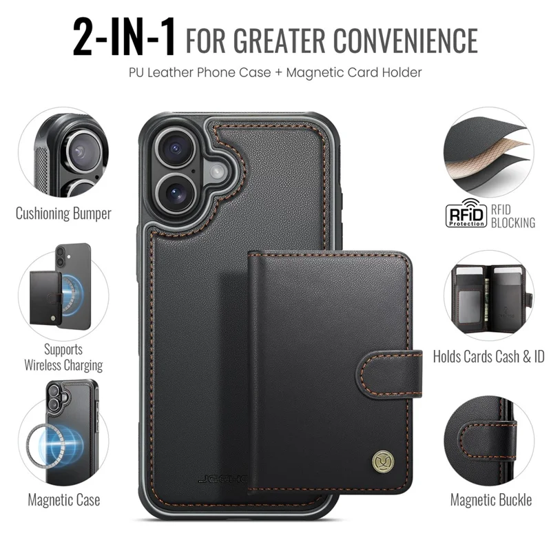 JEEHOOD J09 For iPhone 17 Detachable Case with Card Holder, RFID Blocking Leather Back Cover Compatible with MagSafe - Black