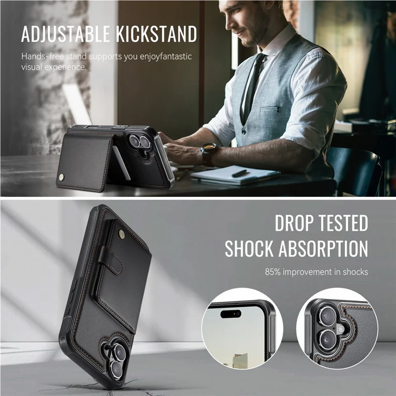 JEEHOOD J09 For iPhone 17 Detachable Case with Card Holder, RFID Blocking Leather Back Cover Compatible with MagSafe - Black