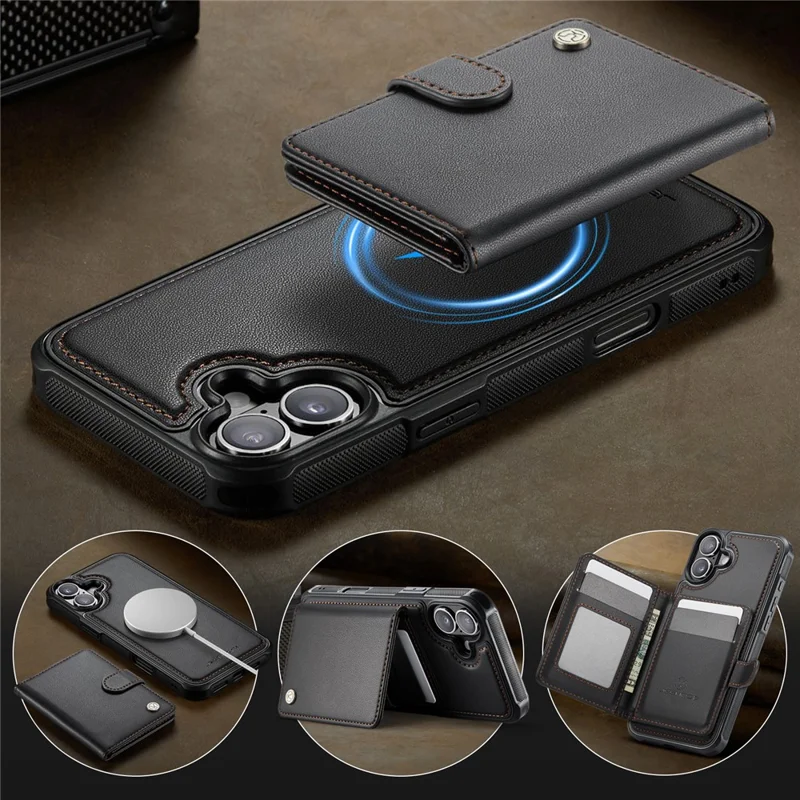 JEEHOOD J09 For iPhone 17 Detachable Case with Card Holder, RFID Blocking Leather Back Cover Compatible with MagSafe - Black