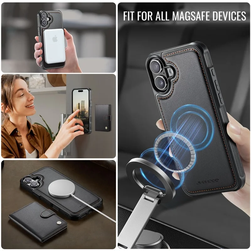 JEEHOOD J09 For iPhone 17 Detachable Case with Card Holder, RFID Blocking Leather Back Cover Compatible with MagSafe - Black