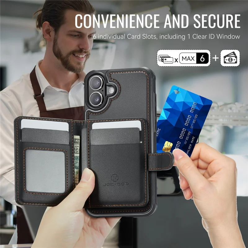 JEEHOOD J09 For iPhone 17 Detachable Case with Card Holder, RFID Blocking Leather Back Cover Compatible with MagSafe - Black