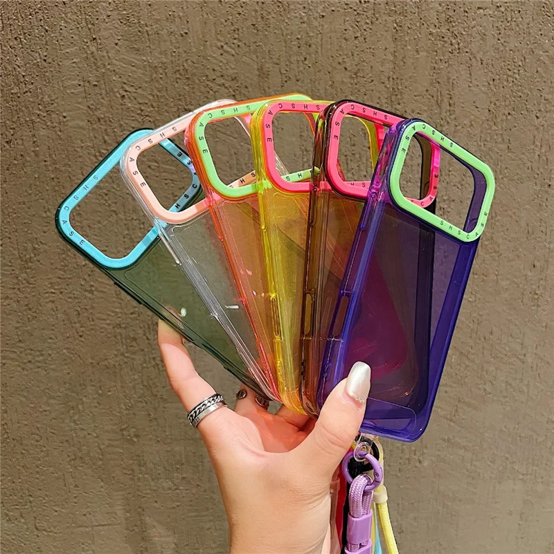 Étui iPhone 17 Pro Transparent Couleurs Contrastées Antichoc Coque TPU avec Dragonne - Jaune