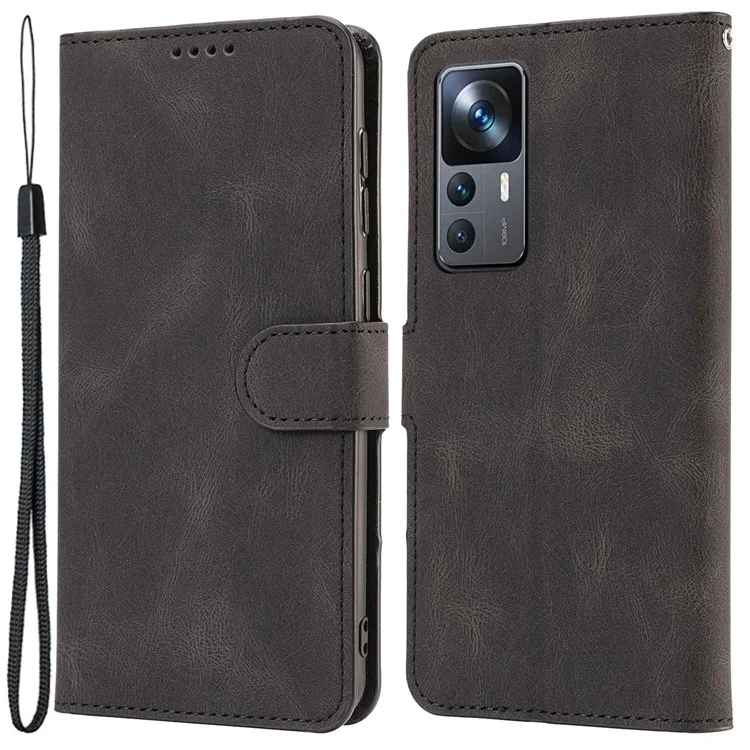 For Xiaomi 12T 5G / 12T Pro 5G / Redmi K50 Ultra 5G PU Leather + TPU Shockproof Wallet Cover Folio Flip Stand Phone Case with Strap - Black