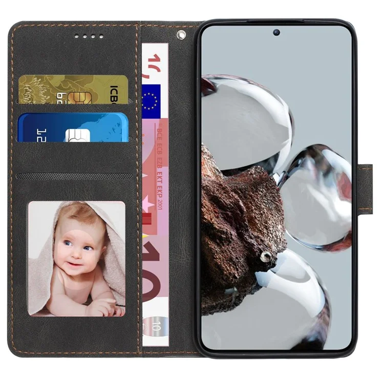 For Xiaomi 12T 5G / 12T Pro 5G / Redmi K50 Ultra 5G PU Leather + TPU Shockproof Wallet Cover Folio Flip Stand Phone Case with Strap - Black