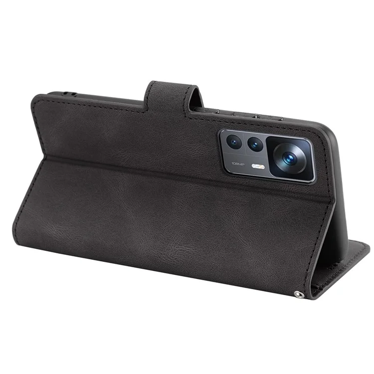 For Xiaomi 12T 5G / 12T Pro 5G / Redmi K50 Ultra 5G PU Leather + TPU Shockproof Wallet Cover Folio Flip Stand Phone Case with Strap - Black