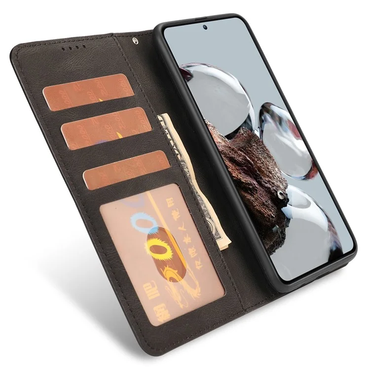 For Xiaomi 12T 5G / 12T Pro 5G / Redmi K50 Ultra 5G PU Leather + TPU Shockproof Wallet Cover Folio Flip Stand Phone Case with Strap - Black
