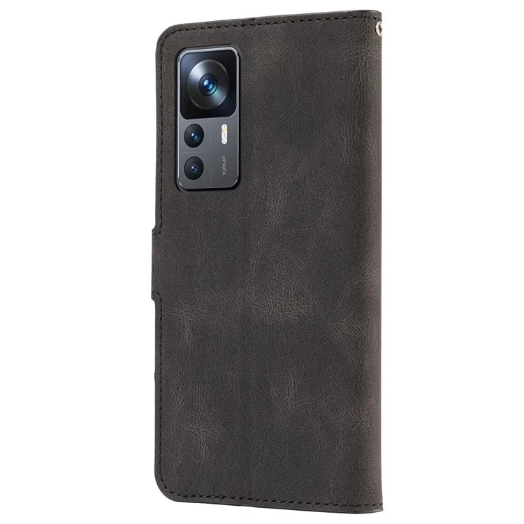For Xiaomi 12T 5G / 12T Pro 5G / Redmi K50 Ultra 5G PU Leather + TPU Shockproof Wallet Cover Folio Flip Stand Phone Case with Strap - Black