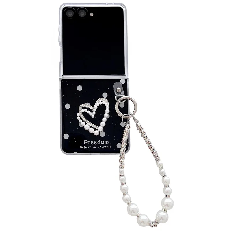 For Samsung Galaxy Z Flip7 5G Case Glitter DIY Heart Charm Phone Cover with Wrist Strap - Polka Dot Black