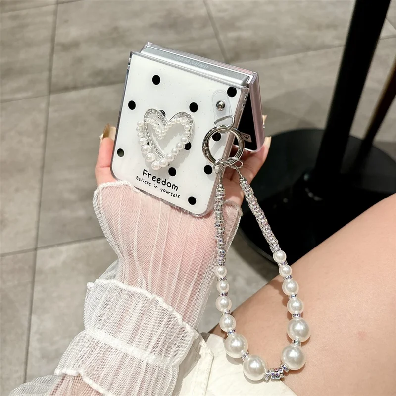 For Samsung Galaxy Z Flip7 5G Case Glitter DIY Heart Charm Phone Cover with Wrist Strap - Polka Dot Black