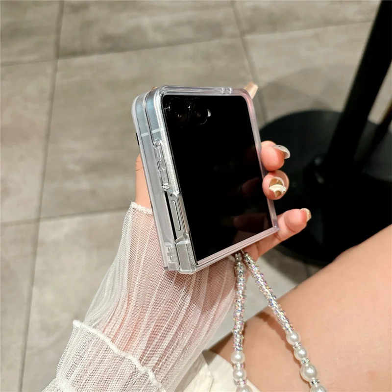 For Samsung Galaxy Z Flip7 5G Case Glitter DIY Heart Charm Phone Cover with Wrist Strap - Polka Dot Black