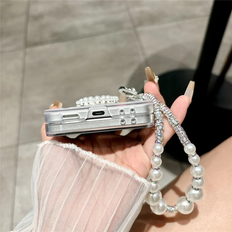 For Samsung Galaxy Z Flip7 5G Case Glitter DIY Heart Charm Phone Cover with Wrist Strap - Polka Dot Black