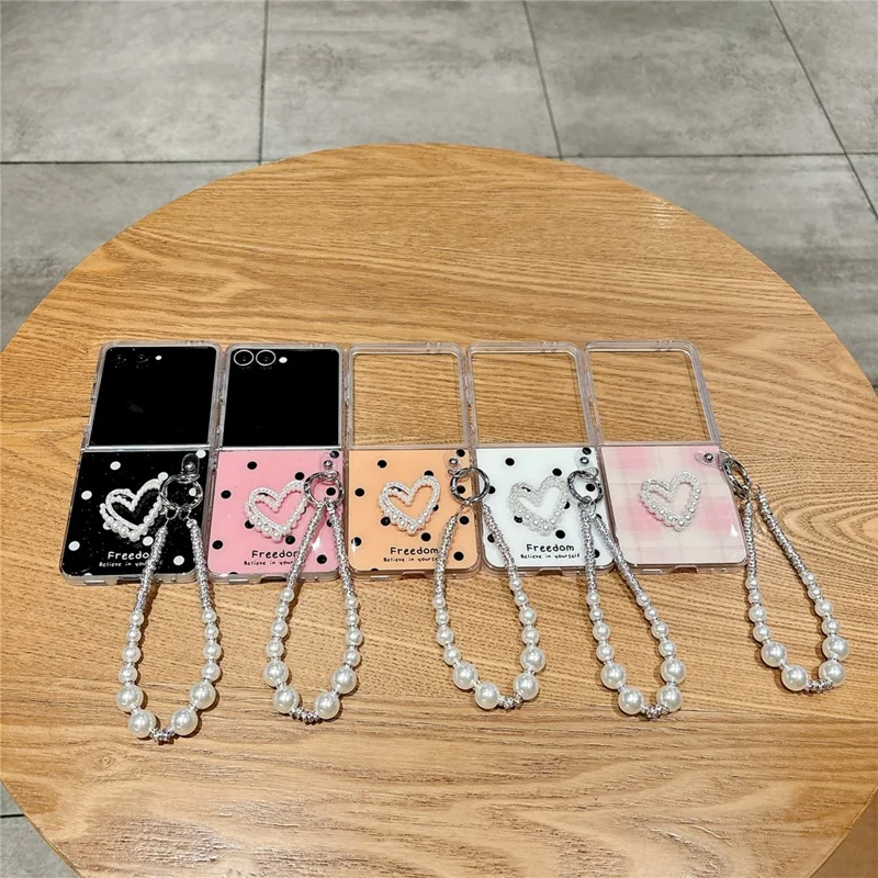 For Samsung Galaxy Z Flip7 5G Case Glitter DIY Heart Charm Phone Cover with Wrist Strap - Polka Dot Black