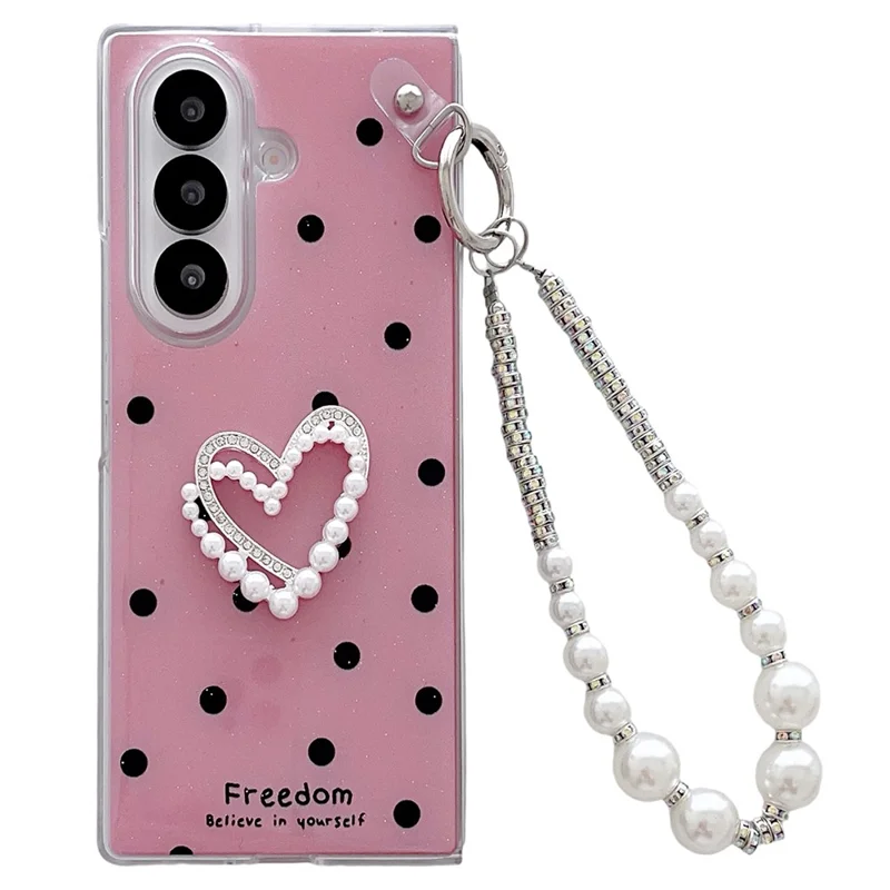 For Samsung Galaxy Z Fold7 5G Case Glitter DIY Heart Charm Phone Cover with Wrist Strap - Polka Dot Pink