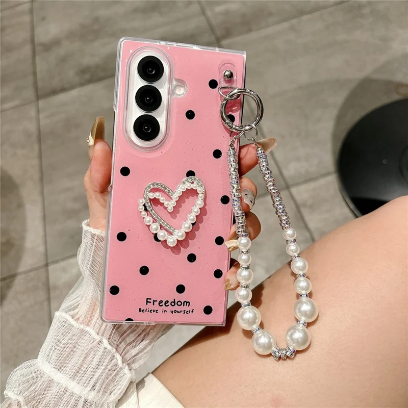 For Samsung Galaxy Z Fold7 5G Case Glitter DIY Heart Charm Phone Cover with Wrist Strap - Polka Dot Pink