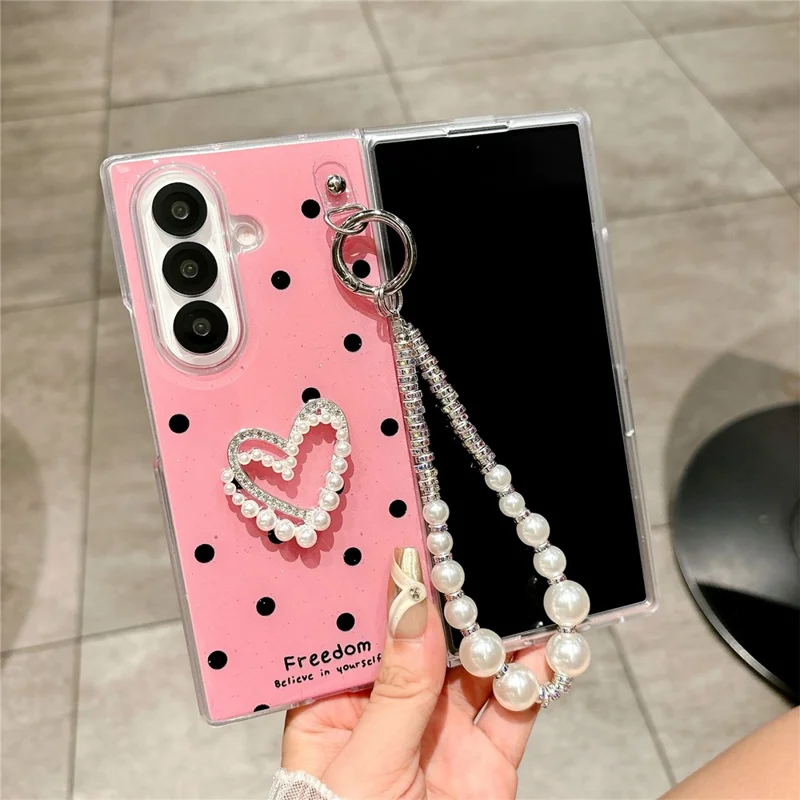 For Samsung Galaxy Z Fold7 5G Case Glitter DIY Heart Charm Phone Cover with Wrist Strap - Polka Dot Pink