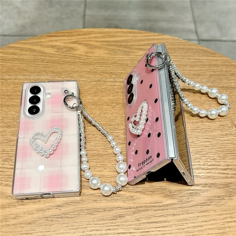 For Samsung Galaxy Z Fold7 5G Case Glitter DIY Heart Charm Phone Cover with Wrist Strap - Polka Dot Pink